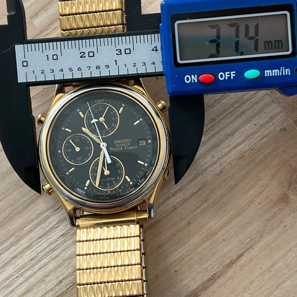 Seiko World Timer Rare Men’s Chronograph Watch Alarm Black Dial New Bracelet